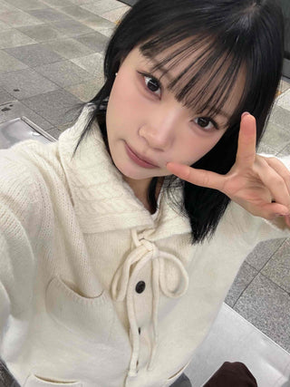 Big Collar Ribbon Point Pocket Short Knit Cardigan