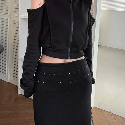Off-shoulder Zip-up Hoodie Cropped Long Sleeve T-shirt