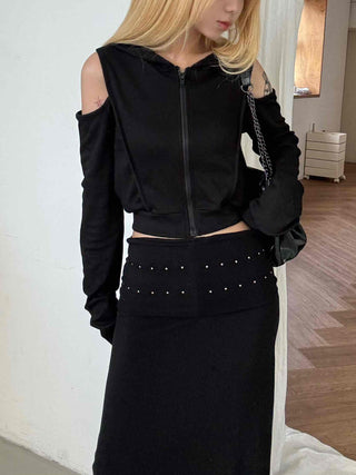 Off-shoulder Zip-up Hoodie Cropped Long Sleeve T-shirt