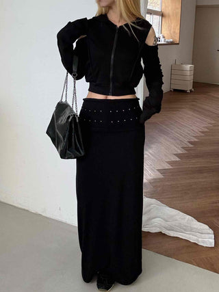 Off-shoulder Zip-up Hoodie Cropped Long Sleeve T-shirt