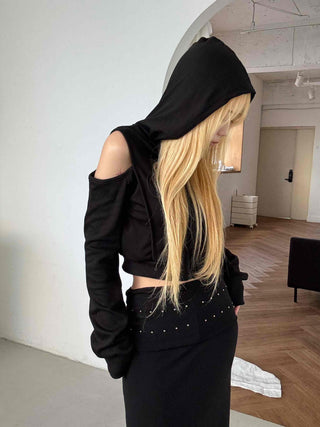 Off-shoulder Zip-up Hoodie Cropped Long Sleeve T-shirt