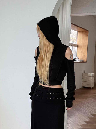 Off-shoulder Zip-up Hoodie Cropped Long Sleeve T-shirt