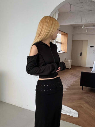 Off-shoulder Zip-up Hoodie Cropped Long Sleeve T-shirt