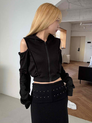 Off-shoulder Zip-up Hoodie Cropped Long Sleeve T-shirt