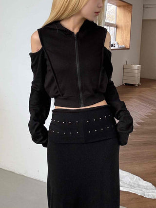 Off-shoulder Zip-up Hoodie Cropped Long Sleeve T-shirt