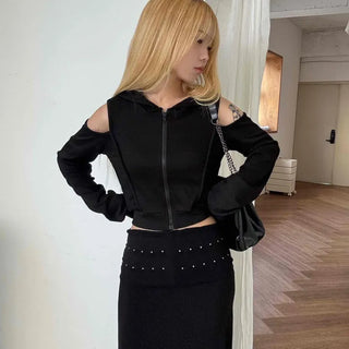 Off-shoulder Zip-up Hoodie Cropped Long Sleeve T-shirt