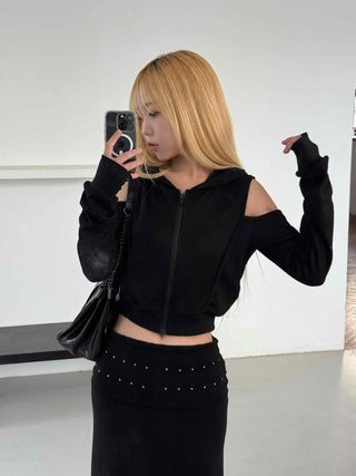 Off-shoulder Zip-up Hoodie Cropped Long Sleeve T-shirt