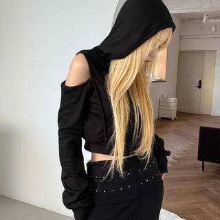 Off-shoulder Zip-up Hoodie Cropped Long Sleeve T-shirt