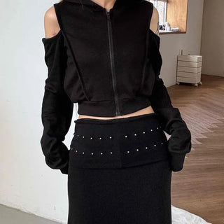 Off-shoulder Zip-up Hoodie Cropped Long Sleeve T-shirt