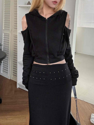 Off-shoulder Zip-up Hoodie Cropped Long Sleeve T-shirt