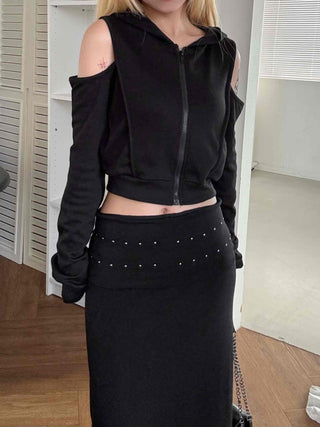 Off-shoulder Zip-up Hoodie Cropped Long Sleeve T-shirt