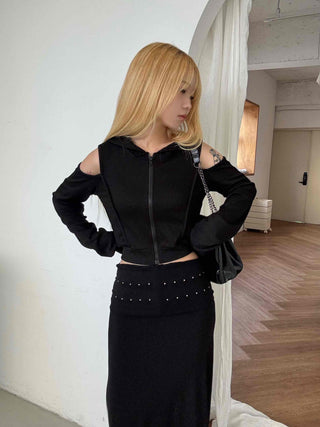 Off-shoulder Zip-up Hoodie Cropped Long Sleeve T-shirt