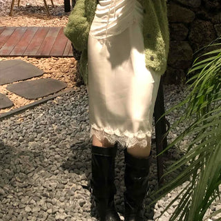 Shining Glossy Hem Lace Slip Midi Skirt