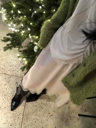 Shining Glossy Hem Lace Slip Midi Skirt