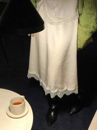 Shining Glossy Hem Lace Slip Midi Skirt