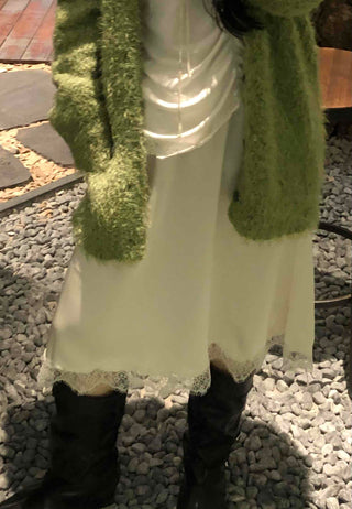 Shining Glossy Hem Lace Slip Midi Skirt
