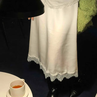 Shining Glossy Hem Lace Slip Midi Skirt