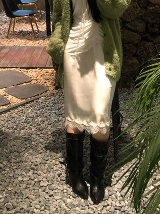 Shining Glossy Hem Lace Slip Midi Skirt