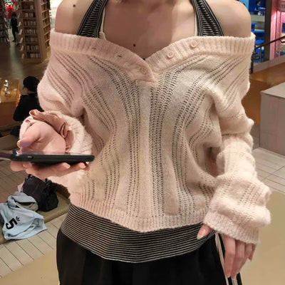 Soft V-neck Off-shoulder Punched Puff Knit