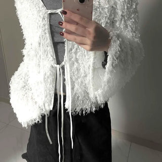 Airy Hair Shaggy Ribbon Tie Crop Cardigan