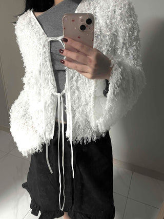 Airy Hair Shaggy Ribbon Tie Crop Cardigan