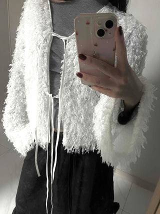 Airy Hair Shaggy Ribbon Tie Crop Cardigan