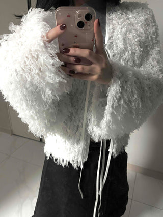 Airy Hair Shaggy Ribbon Tie Crop Cardigan