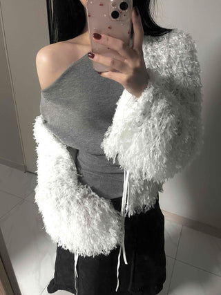 Airy Hair Shaggy Ribbon Tie Crop Cardigan