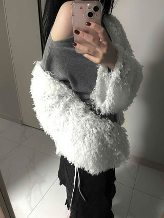 Airy Hair Shaggy Ribbon Tie Crop Cardigan