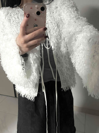 Airy Hair Shaggy Ribbon Tie Crop Cardigan