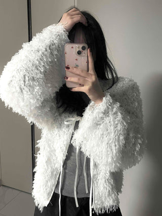 Airy Hair Shaggy Ribbon Tie Crop Cardigan