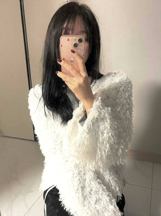 Airy Hair Shaggy Ribbon Tie Crop Cardigan