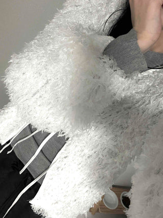 Airy Hair Shaggy Ribbon Tie Crop Cardigan