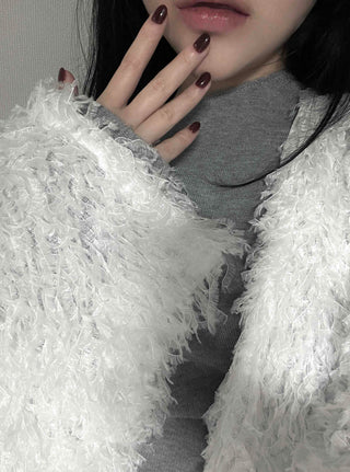 Airy Hair Shaggy Ribbon Tie Crop Cardigan