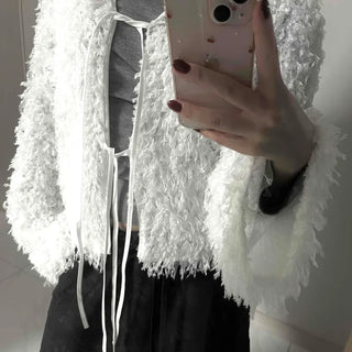 Airy Hair Shaggy Ribbon Tie Crop Cardigan