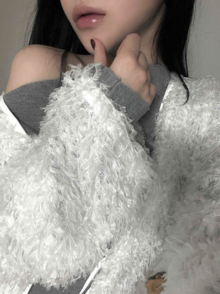 Airy Hair Shaggy Ribbon Tie Crop Cardigan