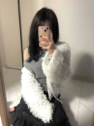 Airy Hair Shaggy Ribbon Tie Crop Cardigan