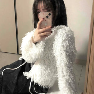 Airy Hair Shaggy Ribbon Tie Crop Cardigan