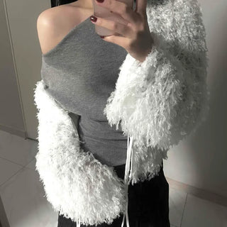 Airy Hair Shaggy Ribbon Tie Crop Cardigan