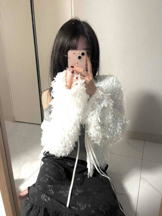 Airy Hair Shaggy Ribbon Tie Crop Cardigan
