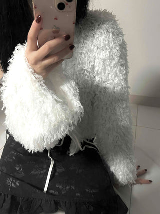 Airy Hair Shaggy Ribbon Tie Crop Cardigan