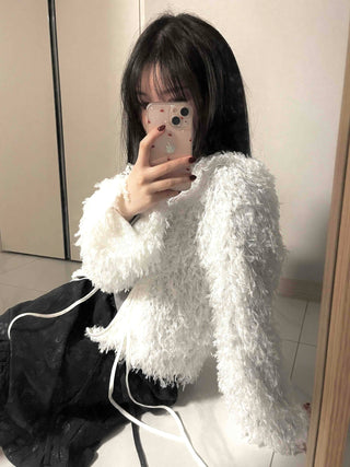 Airy Hair Shaggy Ribbon Tie Crop Cardigan