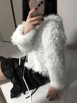 Airy Hair Shaggy Ribbon Tie Crop Cardigan