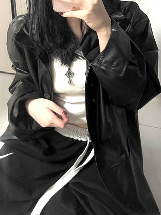 Long coat leather button shirt jacket