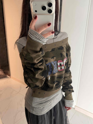 Military American Camo Oversized Cropped Sweatshirt