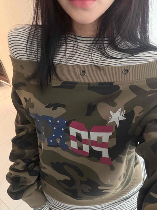 Military American Camo Oversized Cropped Sweatshirt
