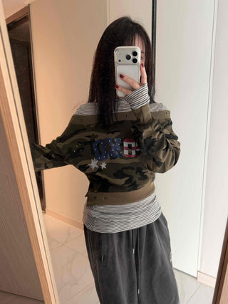 Military American Camo Oversized Cropped Sweatshirt