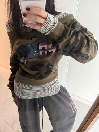 Military American Camo Oversized Cropped Sweatshirt