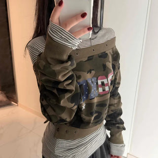 Military American Camo Oversized Cropped Sweatshirt
