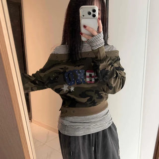 Military American Camo Oversized Cropped Sweatshirt